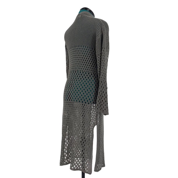 Minkas Taupe Mesh Knit Open Front Long Cardigan with Pockets, Small - Picture 7 of 16